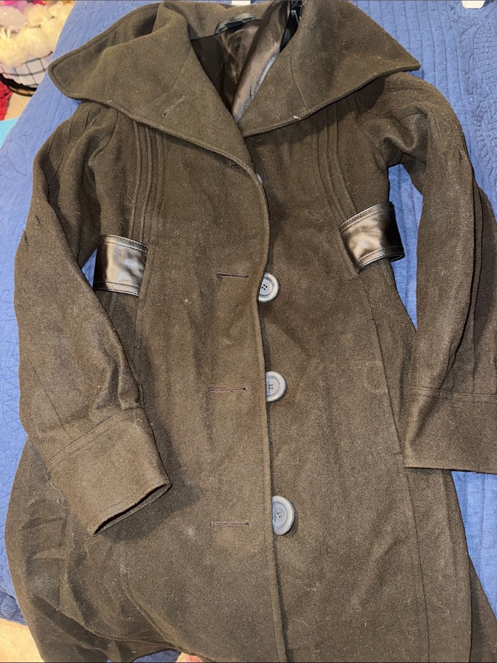 Womens Brown Wool-Blend Coat with Leather Trim XS skirted back